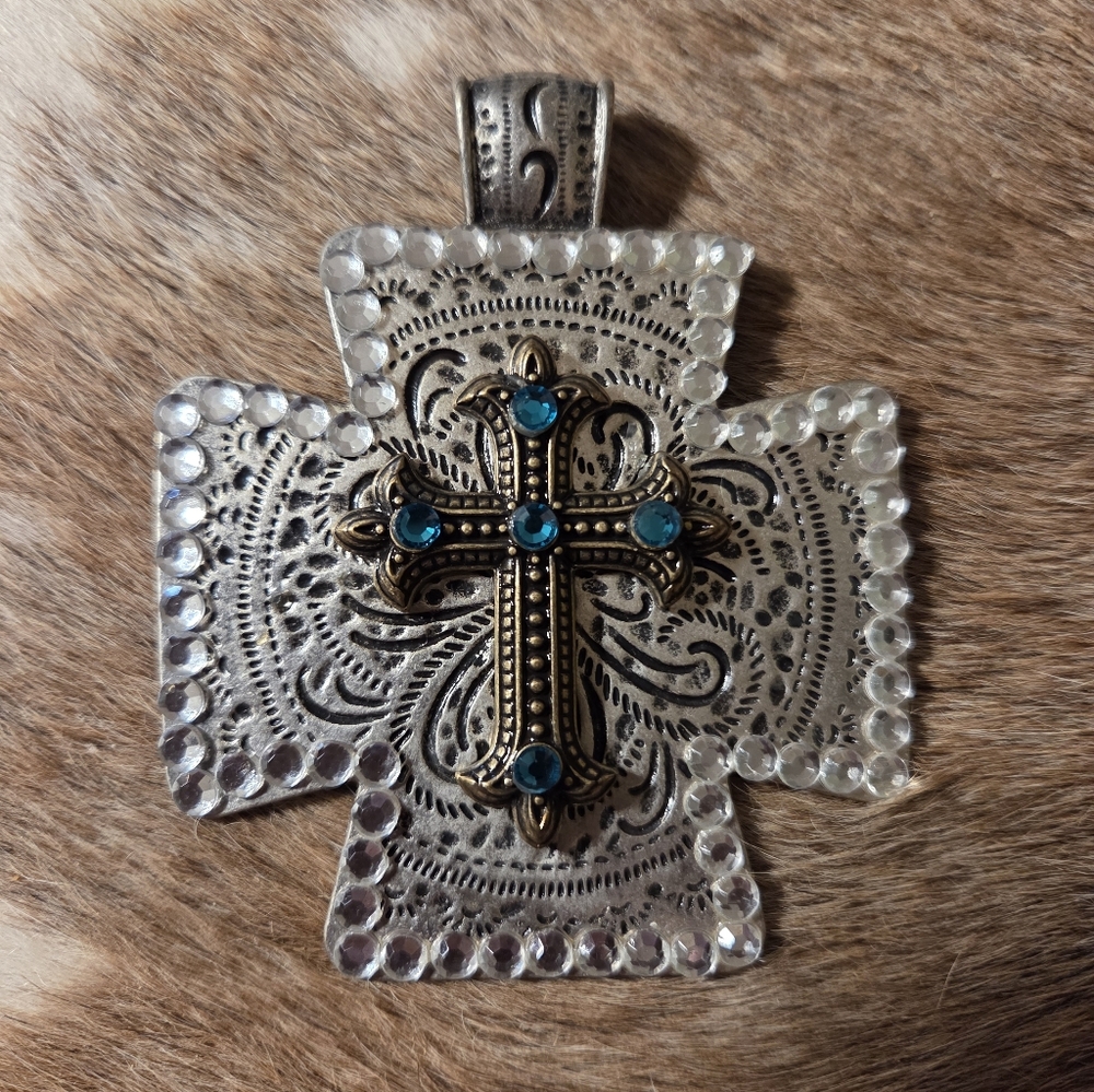 Silver Cross Pendant with Turquoise Accents 3 X 4